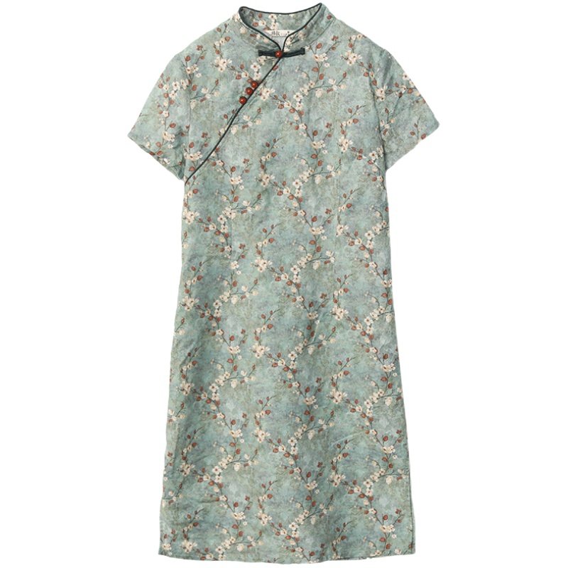 棉叙苎麻印花中长款新中式连衣裙国风茶服碎花盘扣短袖旗袍M9755