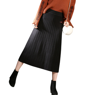 女款a字裙百褶裙松紧腰针织半身裙秋冬天裙子女冬裙长裙半身群子