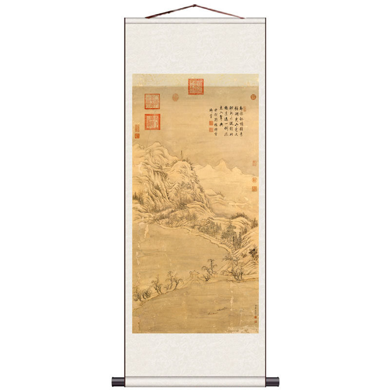青松墨竹图仿古名家字画黄山寿菊石延年图风水挂画卷轴画丝绸礼品