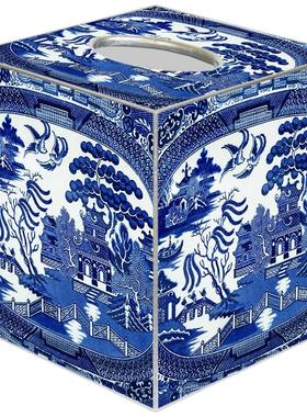 现 纽约下城公园进口西洋青花柳园图木质中西风银边纸巾盒垃圾桶