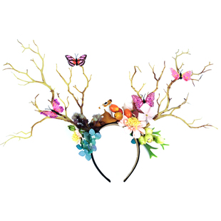 森系仿真树枝发箍圣诞节花朵麋鹿发饰超夸张头饰舞台表演走秀摄影