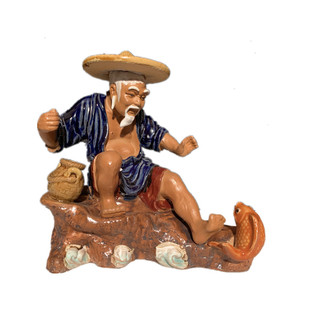 石湾公仔陶瓷摆件创意工艺品假山盘景鱼缸姜太公钓鱼摆件礼品渔翁