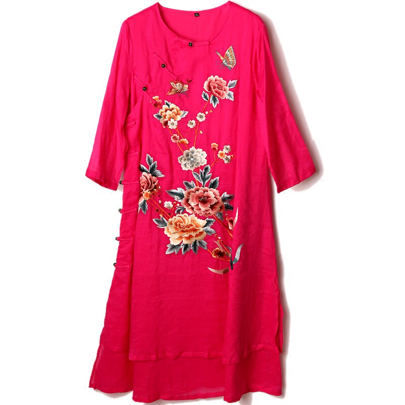 新中式连衣裙春夏新款安娜滕复古刺绣真丝棉麻过膝盘扣中国风长裙