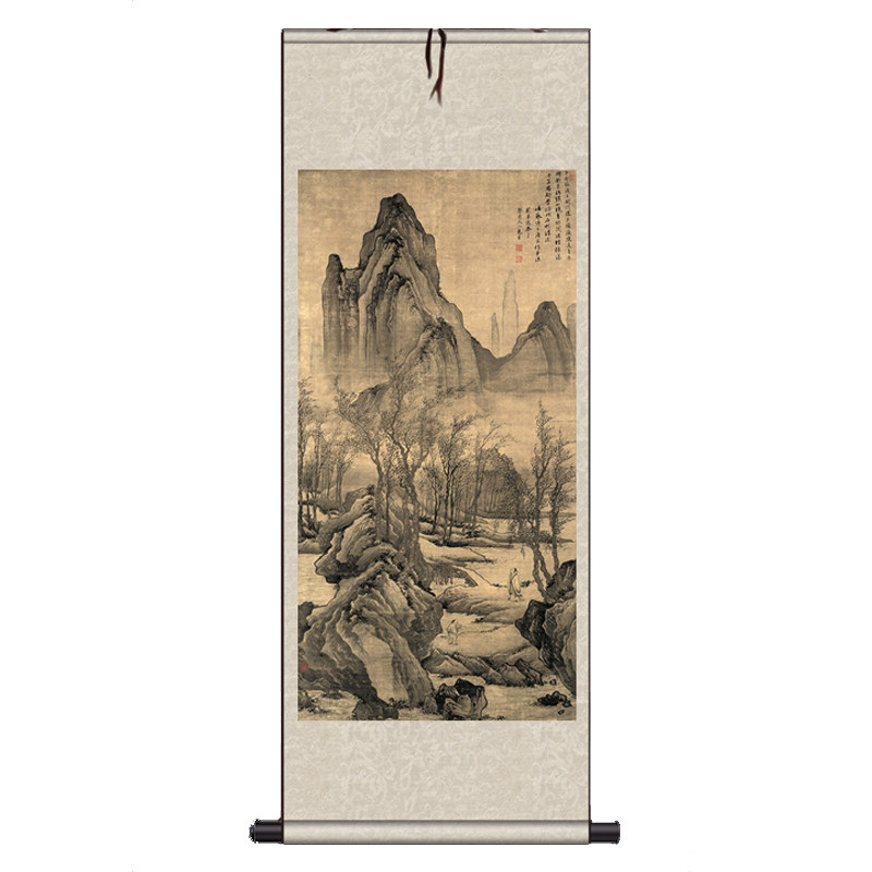 步溪图仿古卷轴唐伯虎山水画礼品字画送客户办公室茶楼装饰丝绸画