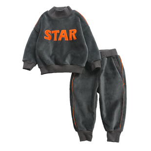 儿童银狐绒套装冬季新款童装男童圆领套头卫衣宝宝时尚两件套裤子