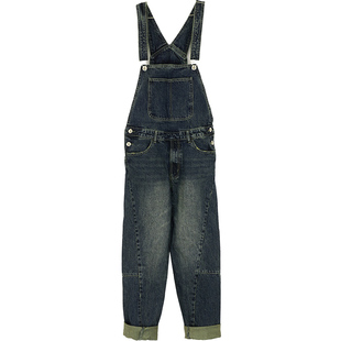 牛仔背带裤男四季日系复古潮流韩版小直筒微修身情侣连体工装大码