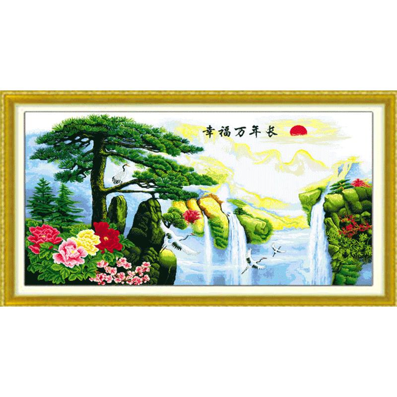 2023新款迎客松十字绣客厅线绣自己绣山水画风景手工大幅办公室