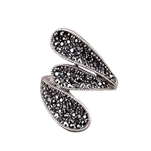 欧美复古宫廷夸张镀纯银泰银微镶钻黑锆石四叶草幸运草戒指女礼物