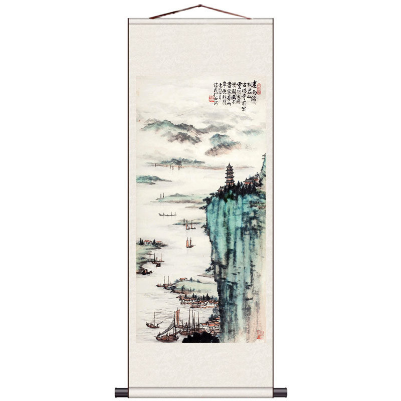 丝绸挂画观瀑图条幅卷轴字画风水画山水画装饰画客厅酒店挂画壁画