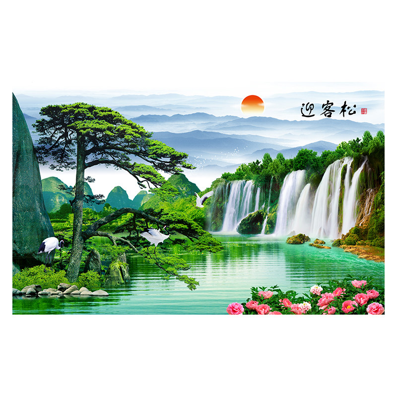 现代中式风流水生财背景墙定制