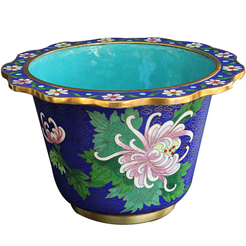老北京特色手工艺品库存珐琅老货景泰蓝花盆玉石盆景家居花艺摆件