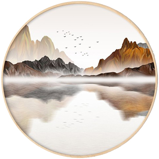 新中式装饰画水墨山水风景圆形画实木框酒店餐厅书房玄关墙壁挂画