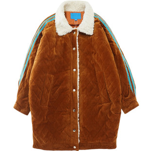 丝绒夹薄棉绗缝茧型棉服 冬季新品绣花刺绣中长宽松棉衣外套