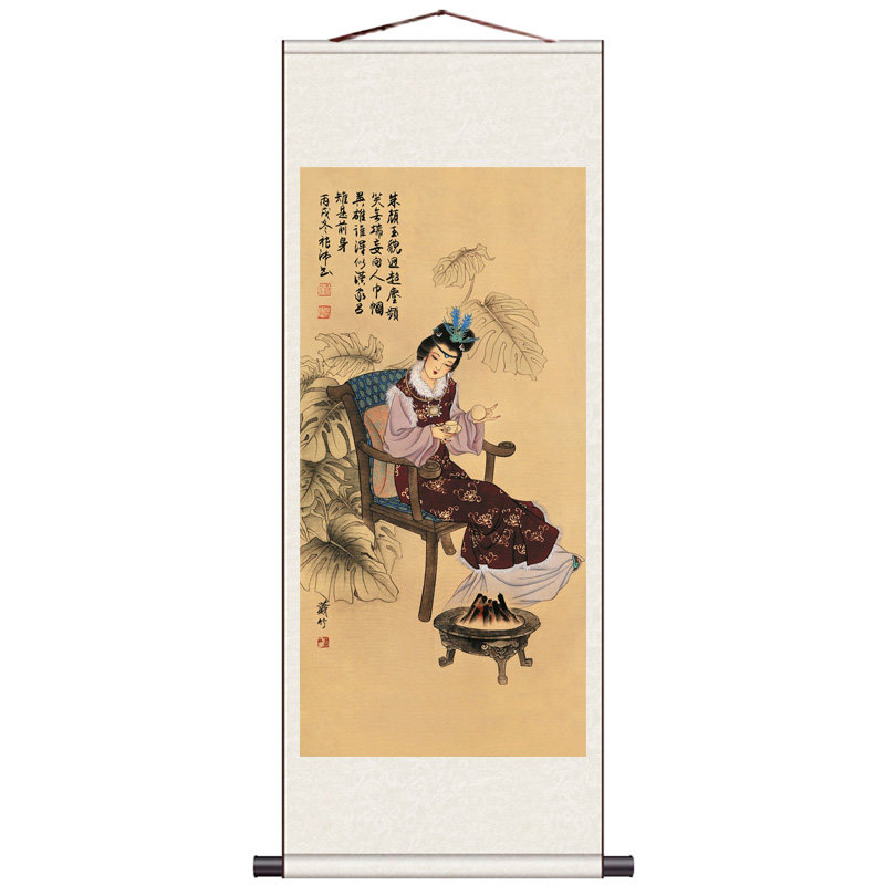 茶楼古典仕女图丝绸画国画卷轴画吹箫仕女荷塘仕女风水装饰画条幅
