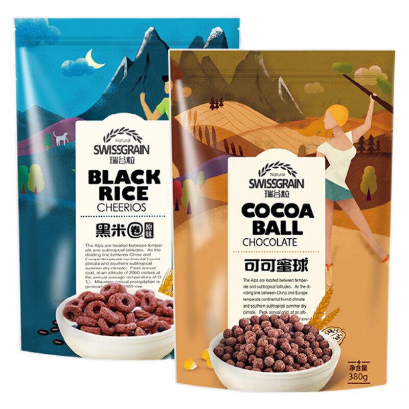 瑞谷粒低脂可可蜜球红枣黑米圈泡牛奶的谷物脆圈即食早餐380g*2袋