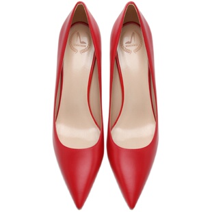 LUKE红色高跟鞋女性感OL尖头浅口8cm细跟真皮单鞋不累脚33-44码