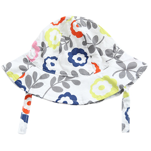 儿童帽子女童宝宝婴儿纯棉印花夏季大遮檐沙滩遮阳防晒防风系绳帽