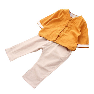 男童唐装中国风春秋棉麻两件套套装黄马褂宝宝汉服儿童古装和尚服