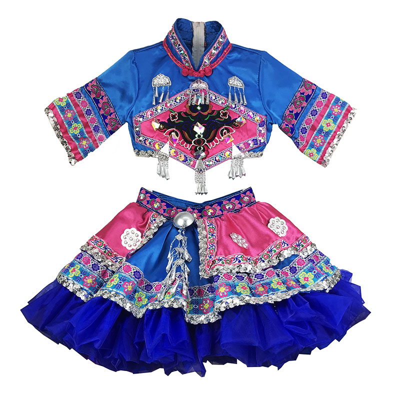 新款民族彝族畲族布依族独唱歌手表演服女童快乐阳光演出服装定制