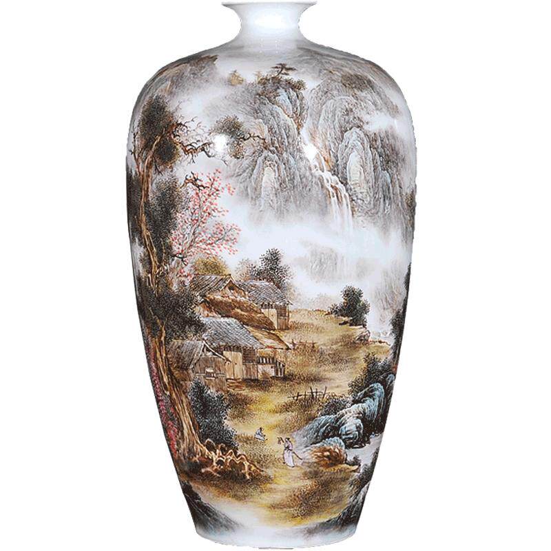 景德镇陶瓷器 李东明手绘粉彩花瓶 祥和山村 家居饰品工艺品摆件