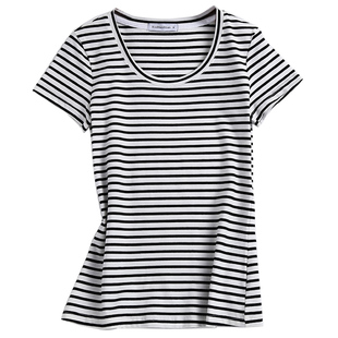 纯棉斑马黑白细横条纹t恤女打底小衫短袖大圆领口低胸半袖上衣夏