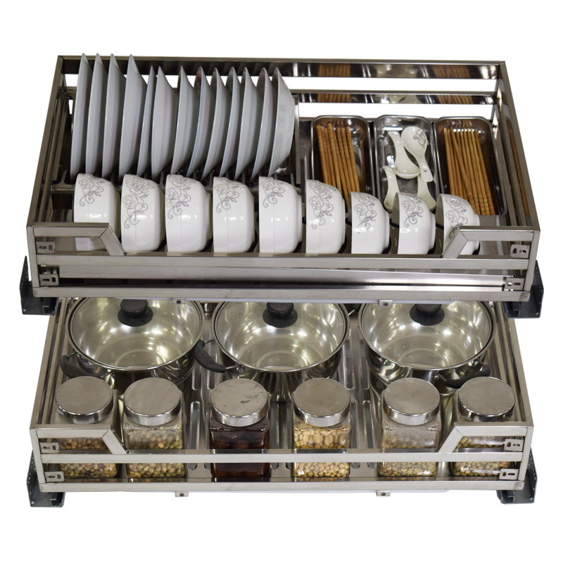 双层拉篮碗篮橱柜拉篮304不锈钢阻尼方管调味拉篮厨房碗碟置物架