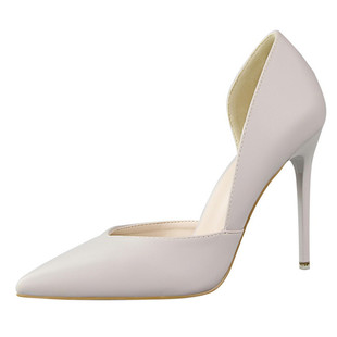 BIGTREE甜美糖果色尖头高跟鞋细跟白色百搭侧空凉鞋黄色浅口女鞋