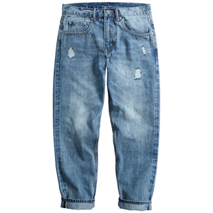 蓝色破洞小脚九分牛仔裤男款冬新款直筒宽松赤耳丹宁裤子痞帅潮
