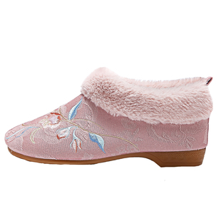 加绒棉鞋低跟女冬季保暖老北京休闲布鞋绣花汉服公主鞋子一脚蹬冬