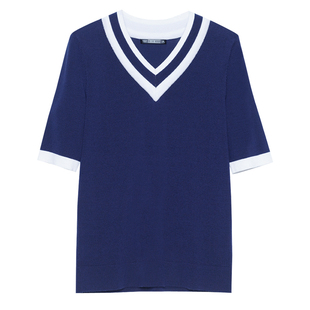 横行道夏季纯色大码修身中袖针织衫上衣女套头V领半袖五分袖T恤