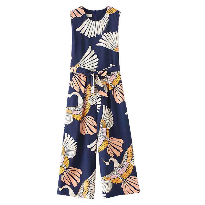 外贸女装   欧美风复古仙鹤印花无袖收腰系带连体裤气质阔腿裤女