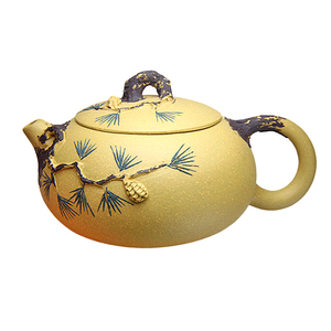 全手工松针壶扁西施壶260CC宜兴紫砂壶原矿黄金段泥 树桩茶壶瑕疵