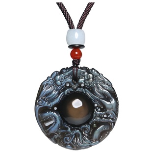 正品天然黑曜石双龙护主吊坠龙生肖挂坠项链男士转运珠金曜石挂件