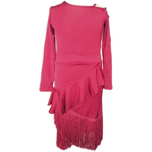 拉丁舞蹈服装女孩儿童长袖流苏舞裙少儿学生专业比赛练功服春秋