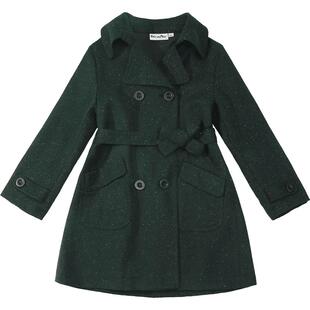 雅童小铺 暗墨绿色织点点童装女童双排扣羊毛风衣 秋冬中长款外套