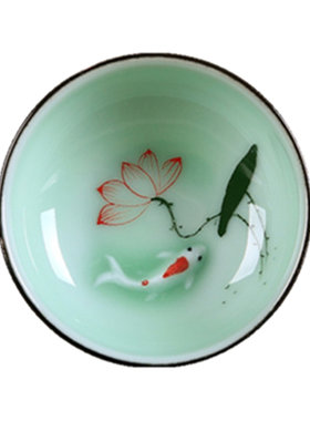 龙泉青瓷手绘荷花鲤鱼功夫茶具
