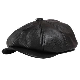 真皮画家帽子中老年人男秋冬季羊皮头层牛皮英伦八角前进报童帽潮