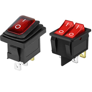 防水船型开关KCD3/4船形翘板电源按钮开关带红灯4脚2档16A大功率