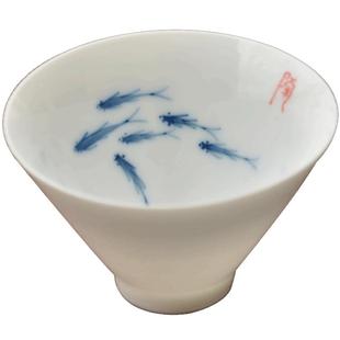 陶迷鱼杯响杯手绘茶杯斗笠杯骨瓷青花手工白瓷杯子陶瓷功夫茶具