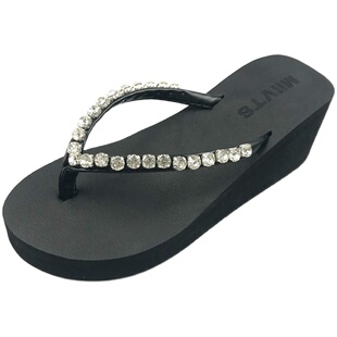 凉拖女夏外穿时尚松糕鞋厚底拖鞋高跟水钻防滑人字拖坡跟沙滩凉鞋