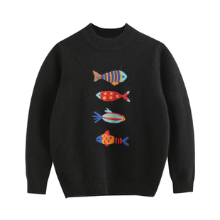 2024秋冬季新款女童毛衣黑色男童羊绒衫圆领儿童打底羊毛衫潮童装