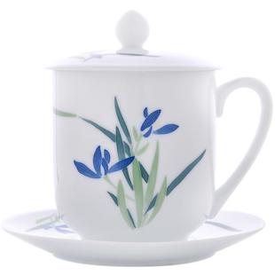 醴陵中式手绘带碟办公茶杯陶瓷水杯带盖会议杯玉泥瓷杯子定制礼品