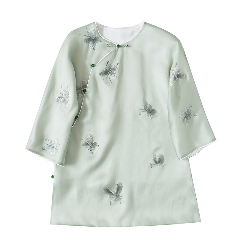 淡雅真丝欧根缎圆领七分袖禅服
