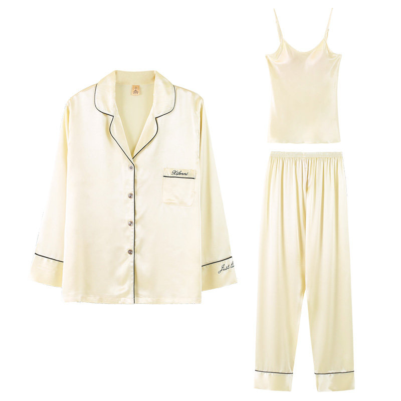 春秋薄款自带胸垫吊带睡衣三件套女夏冰丝长袖长裤丝绸家居服套装