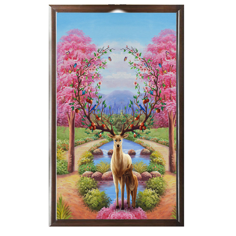 风景麋鹿钻石画竖版玄关现代简约