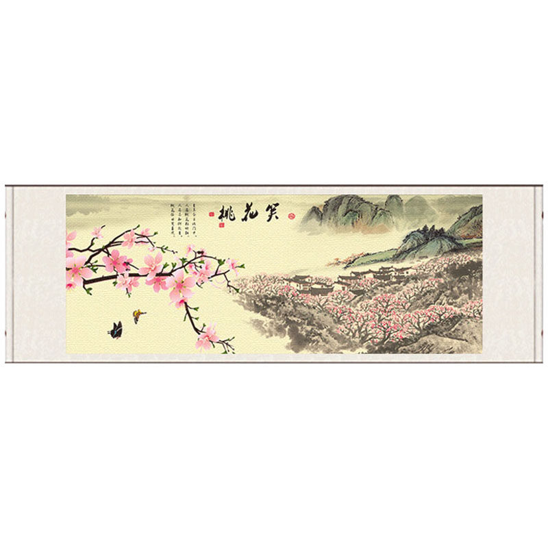 桃花笑 山林小屋茶楼挂画横轴卷轴画招财画风水丝绸画定制玄关画