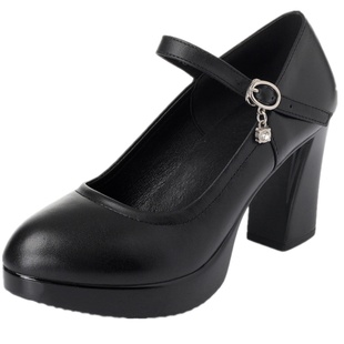 一字扣旗袍模特走秀鞋防水台高跟鞋女厚底粗跟真皮鞋工作鞋女单鞋