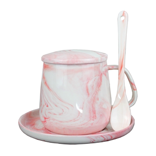 创意陶瓷马克杯碟配盖子北欧大理石纹咖啡杯情侣水杯酒店家用水杯