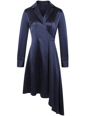 虚构的店2023春夏新款原创设计女装法式复古蓝色连衣裙真丝长裙