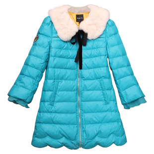 国内撤柜 冬装甜美獭兔毛领波浪边宽松A字版显瘦中长款羽绒服外套